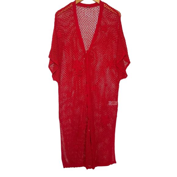 NWT FREE PEOPLE Women’s Red Crochet Button Front Duster - Picture 4 of 6